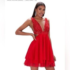 Red sequin tulle plunging neck open back semi formal dress S